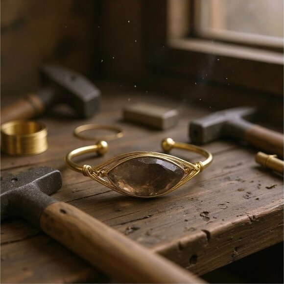 Smoky Quartz ✦ Leaf Wire Wrap Cuff ✦ 14Kt Gold Over Copper w/ Sculptural Crystal - Picture 12 of 12